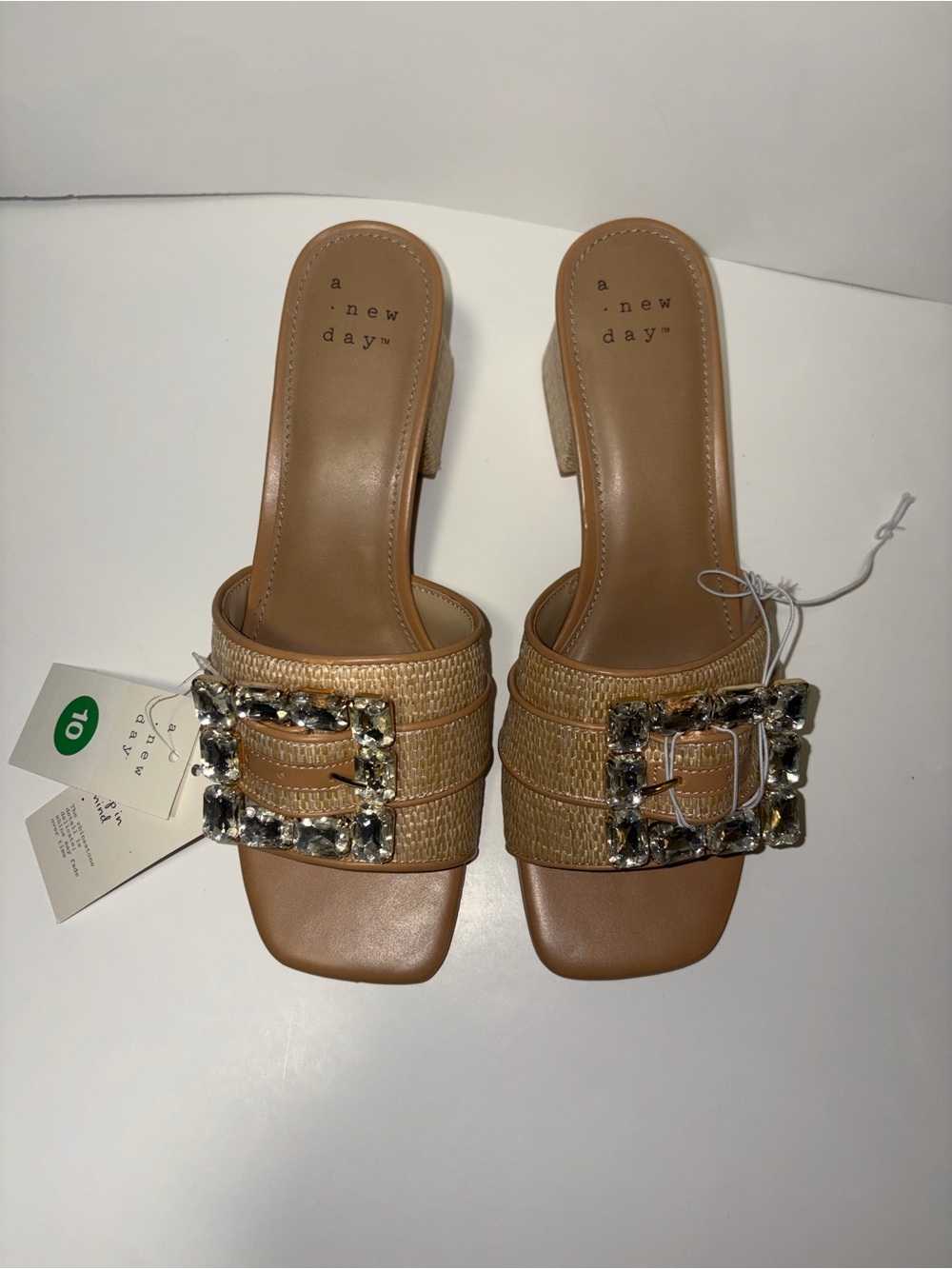 A New Day Tan Jeweled Buckle Woven Slide Mules